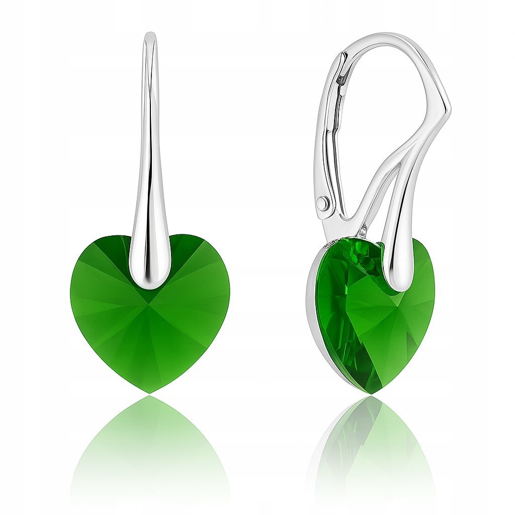 KOLCZYKI SWAROVSKI SREBRNE SERCA 925 DŁUGIE, WISZĄCE, ZIELONE, NA PREZENT