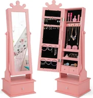 Biżuteria - akcesoria - Szafka na biżuterię dla dzieci COSTWAY, uchylna szafka z lustrem na całej długości, 2 regulowane kąty nachylenia i 3 szuflady, stojak na biżuterię z lustrem do makijażu w kształcie korony dla dzieci od 3 lat (różowy) - miniaturka - grafika 1