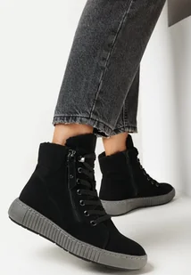 Czarne Ocieplane Traperki w Sportowym Stylu Olytasia - Botki damskie - miniaturka - grafika 1