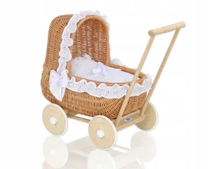 Wiklinowy wózek dla lalek pchacz z białą pościelką haftowaną- naturalny - Domki dla lalek - miniaturka - grafika 1