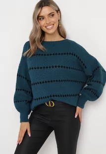 Granatowy Sweter z Bufiastymi Rękawami Ozdobiony Cienkimi Paskami Bilentia - Swetry damskie - miniaturka - grafika 1