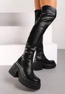 Kozaki damskie - Czarne Kozaki na Platformie i Słupku z Dopasowaną Cholewką za Kolano Geniefra - miniaturka - grafika 1