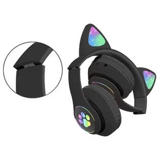 Alogy Słuchawki bezprzewodowe nauszne LED RGB Bluetooth 5.0 FM MP3 radio Kocie uszy świecące Czarne - Słuchawki - miniaturka - grafika 2