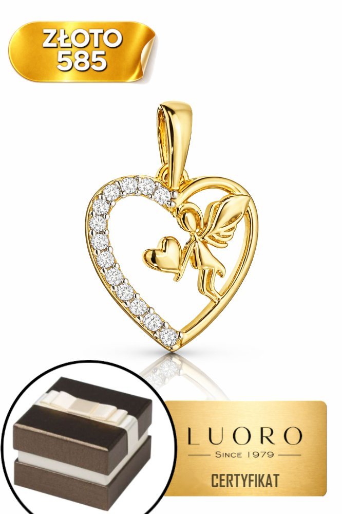 ZAWIESZKA ZŁOTA 585 14K SERCE ANIOŁEK CYRKONIA 1,65 CM ELEGANCKA