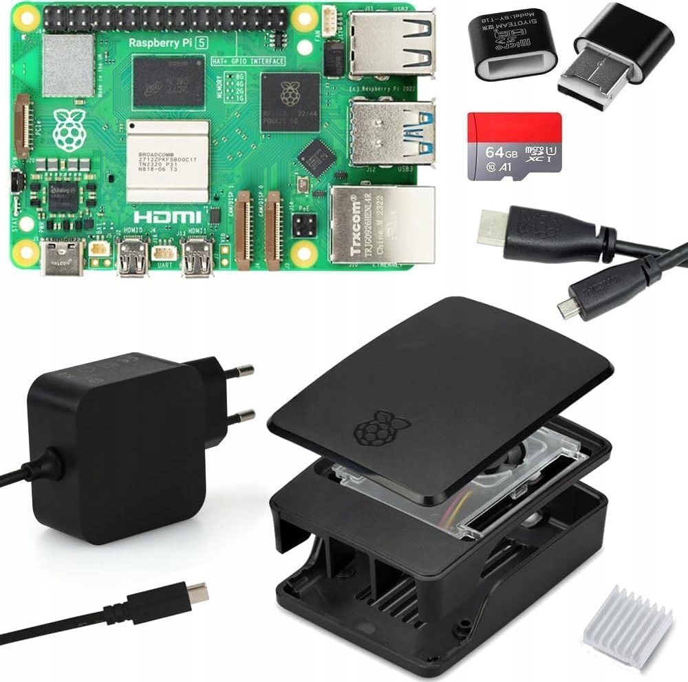 Raspberry Pi 5 8 GB zestaw startowy zasilacz USB-C 45W karta SD 64 GB 4K