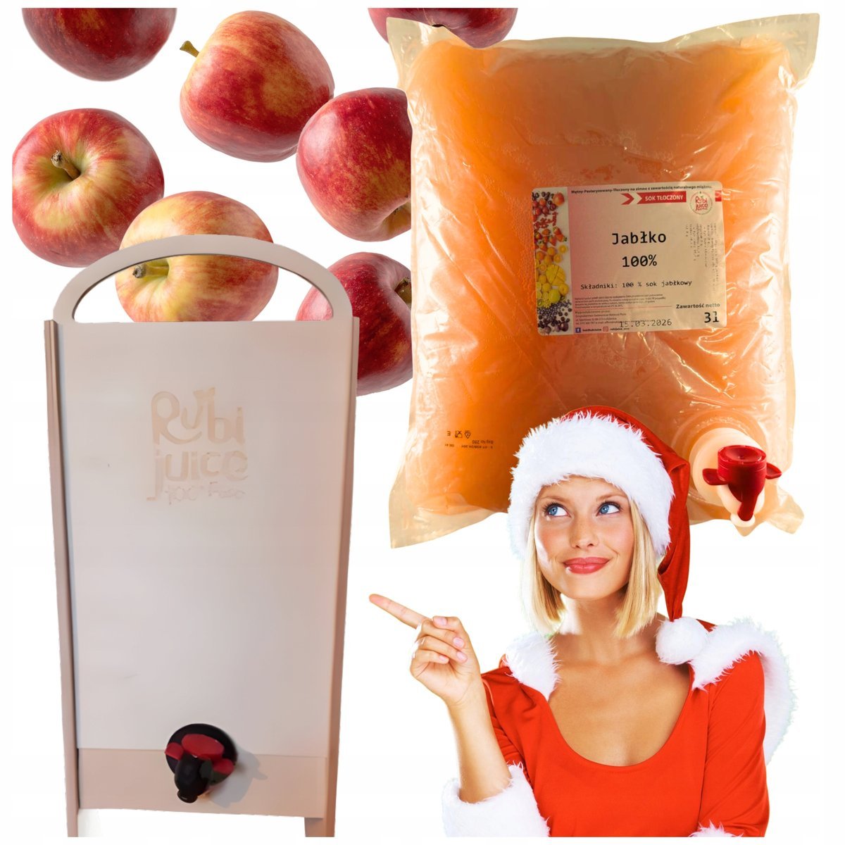 SOK TŁOCZONY JABŁKOWY 5L + DREWNIANA SKRZYNKA Świąteczny Pakiet Rubi Juice