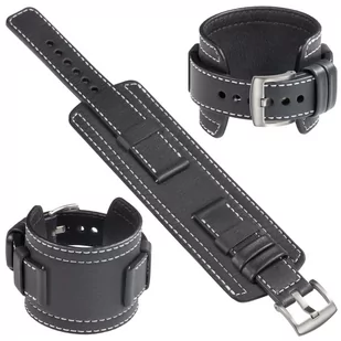 moVear Cw1 22mm Szeroki skórzany pasek do zegarka / smartwatcha | Czarny ze srebrnym przeszyciem, rozmiar M/L - Akcesoria do smartwatchy - miniaturka - grafika 1