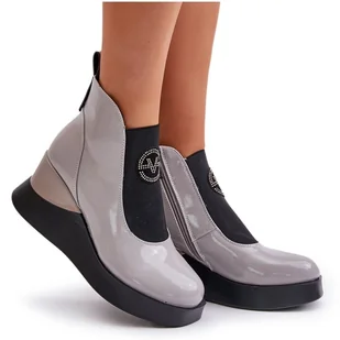 Lakierowane Botki Na Koturnie Ocieplane Vinceza 66703 Szare - Botki damskie - miniaturka - grafika 1