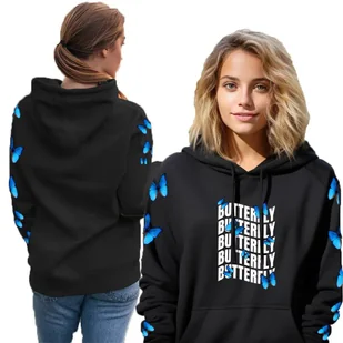 BLUZA DRESOWA Damska CZARNA Z Kapturem Na Jesień BUTTERFLY Motyle - XL - Bluzy damskie - miniaturka - grafika 1