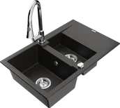 Zlewozmywaki z baterią - Mexen Gaspar zlewozmywak granitowy 1,5-komorowy z ociekaczem i baterią kuchenną Elia, czarny/złoty metalik - 6507-75-670101-00 - miniaturka - grafika 1
