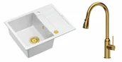 Zlewozmywaki z baterią - Quadron Unique Zlewozmywak granitowy jednokomorowy 62*50*22 cm z ociekaczem MORGAN 116 SNOW WHITE z syfonem Push-2-Open w kolorze złotym z baterią JESSICA Q LINE z wyciąganą wylewką i funkcją prysznica kolor złoty - miniaturka - grafika 1