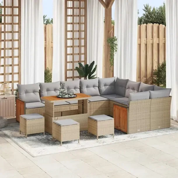 Zestaw Narożny Sofa Ogrodowa z Rattanu, Beżowy, dla 8 Osób