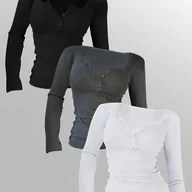 Bluzki damskie - TEMU 3 szt. Gotowe do warstwowania damskie koszulki z guzikami z przodu w kolorze białym/czarnym/szarym - bluzki z długim rękawem i okrągłym dekoltem - miniaturka - grafika 1