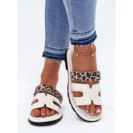 Klapki i japonki damskie - Skórzane Klapki Damskie Z Rzepem Panterka Vinceza 66769 Jasnobeżowe beżowy - miniaturka - grafika 1