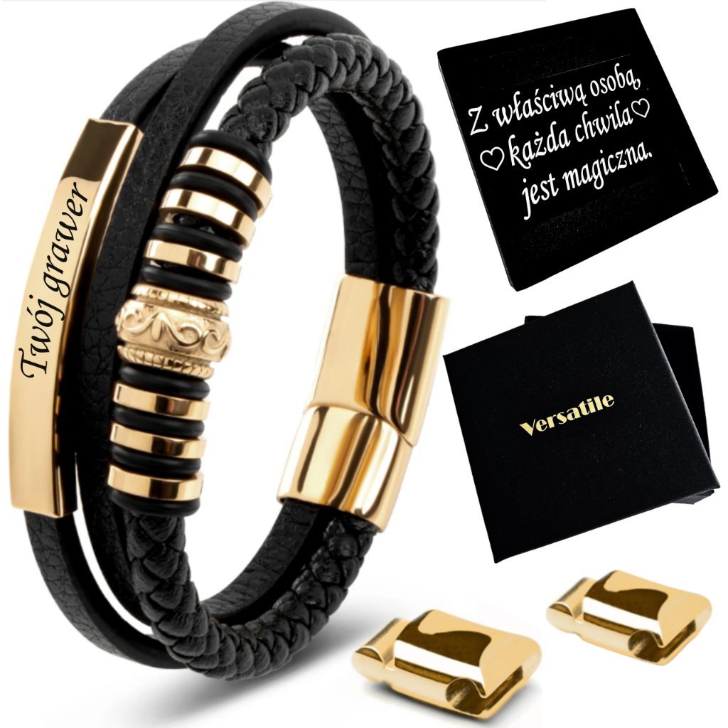 Bransoletka Męska Skórzana Złota Regulowana 21-24Cm! Jakość Versatile