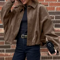 Kurtki damskie - TEMU Damska kurtka bomber Luźna kurtka w stylu vintage z długim rękawem i zamkiem błyskawicznym, regularny krój, sezon jesień/, jednolity z - miniaturka - grafika 1