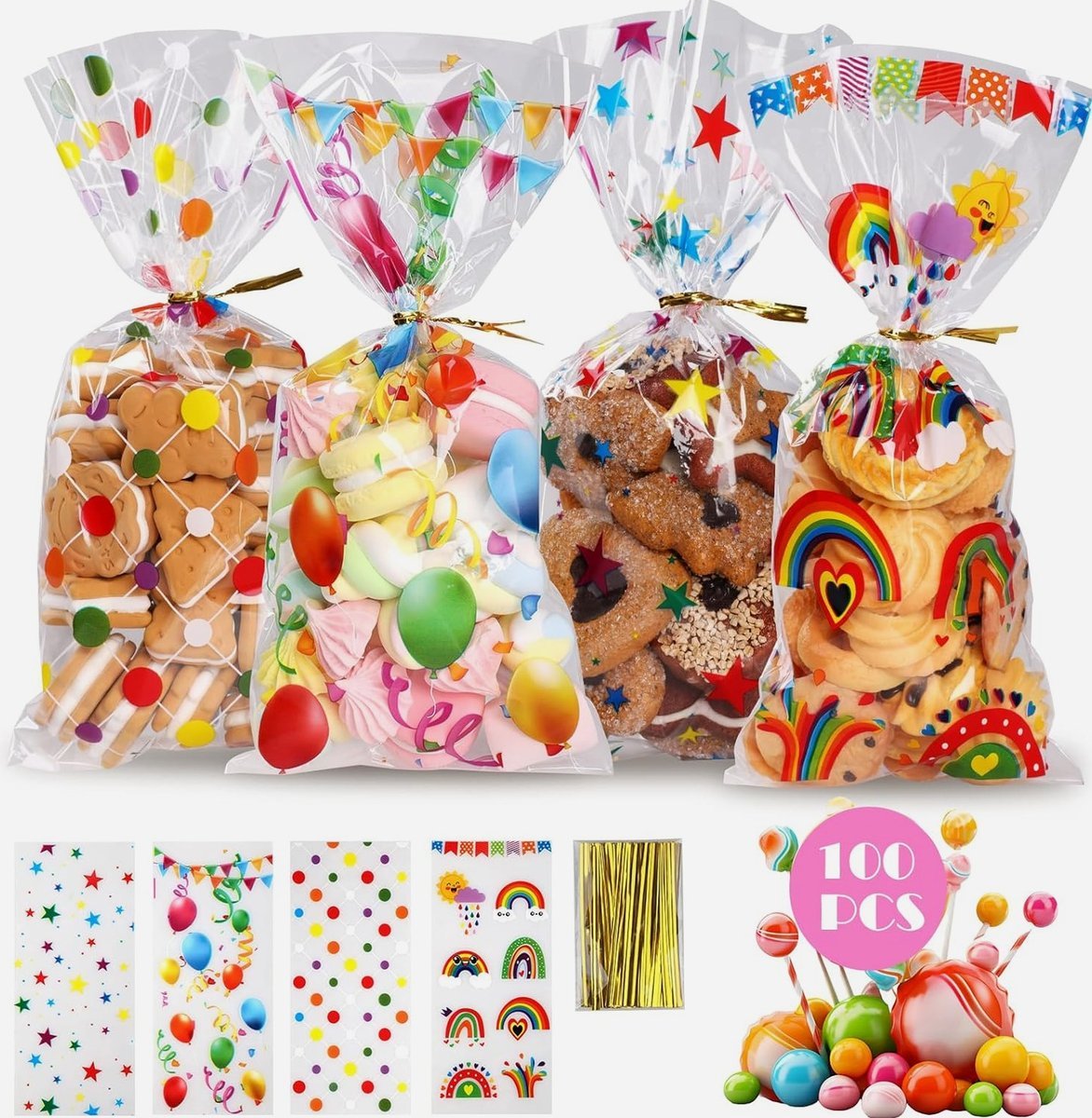 TOREBKI 100 SZTUK 12.5X27.5CM PREZENTY BALONY TĘCZA KOLOROWE WZORZYSTE