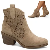 Botki damskie - Damskie Kowbojki na Obcasie Botki Ażurowe Zamszowe Jesienne Beż Barski 40 - miniaturka - grafika 1