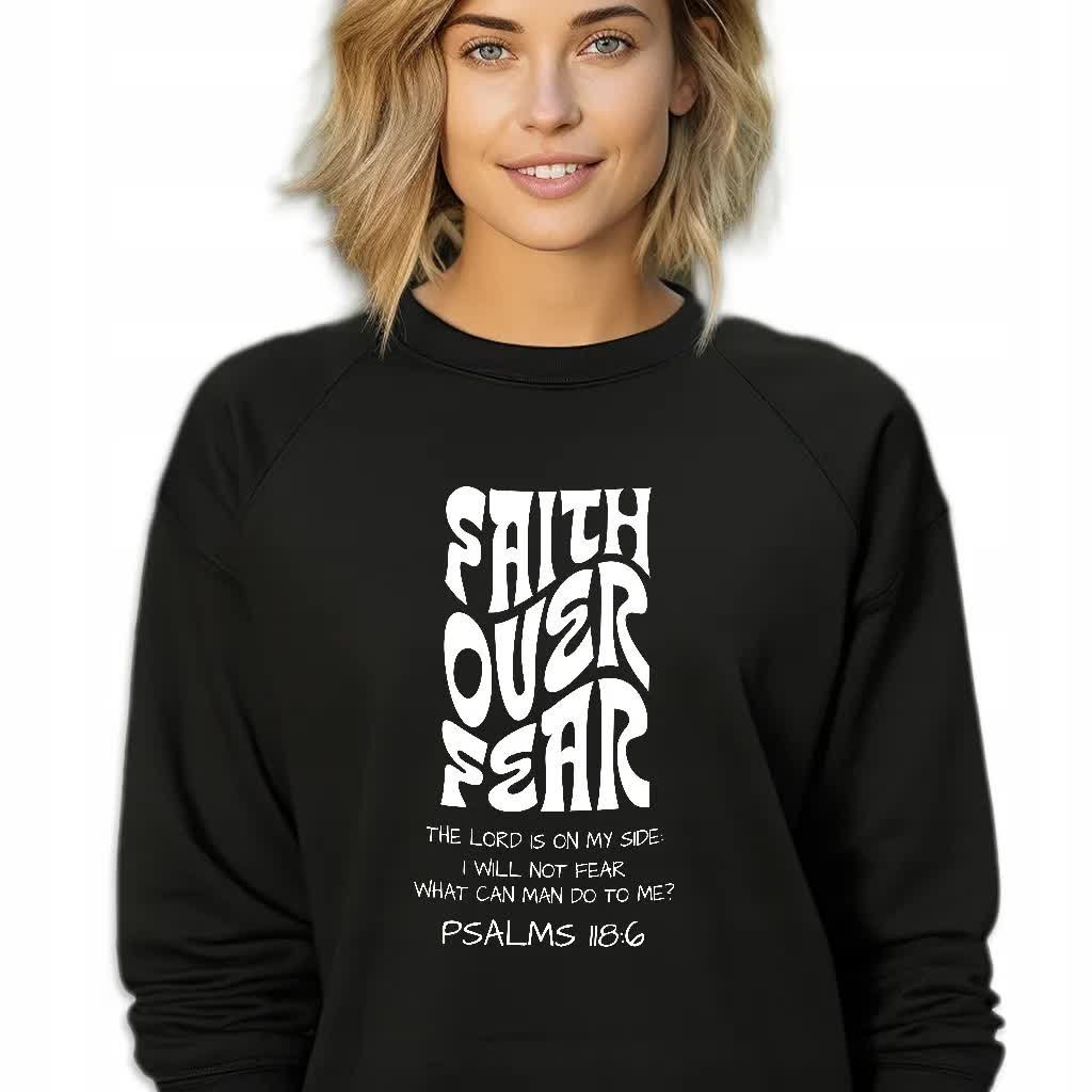 Bluza Czarna Damska Dresowa FAITH OVER FEAR Stylowa Modna Wzory Rozmiar M
