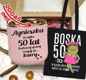 Gadżety dla niej i dla niego - Zestaw prezentowy na 50 urodziny - kubek na 50 z imieniem oraz torba - miniaturka - grafika 1