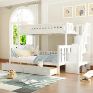 Łóżka dla dzieci i młodzieży - Łóżko piętrowe Merax 90x200/140x200cm z 2 szufladami i schodkami, łóżko dziecięce z zabezpieczeniem przed wypadnięciem i półką do przechowywania, łóżko piętrowe z drewna sosnowego, łóżko młodzieżowe, białe - miniaturka - grafika 1