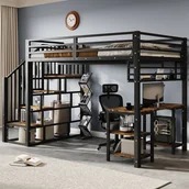 Łóżka dla dzieci i młodzieży - Łóżko piętrowe 120 x 200 cm z poręczą, biurkiem i półką do przechowywania - Żelazo + płyta wiórowa - Czarny + Ciemny orzech (Bez materaca) - miniaturka - grafika 1