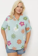 Koszule damskie - Miętowa Koszula z Lnu i Bawełny w Kwiaty z Krótkim Rękawem Ambubia - Born2be - miniaturka - grafika 1
