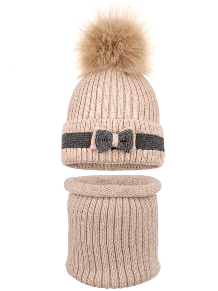 Dziewczęcy komplet zimowy komin i czapka z kokardką beżowy Ambra r.46/48