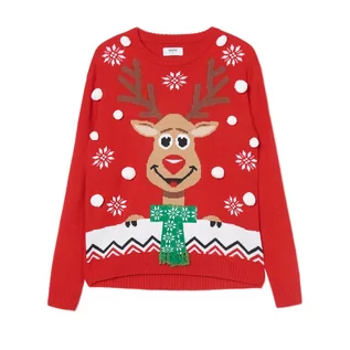 Swetry damskie - Cropp - Świąteczny sweter z reniferem - Czerwony - grafika 1