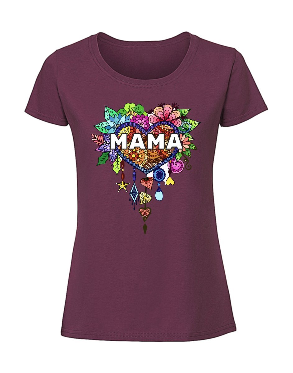 Damska koszulka z nadrukiem - MAMA SERCE KWIATY Burgundowy XL