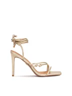 Sandały damskie - Złote wiązane sandały na smukłym obcasie - miniaturka - grafika 1