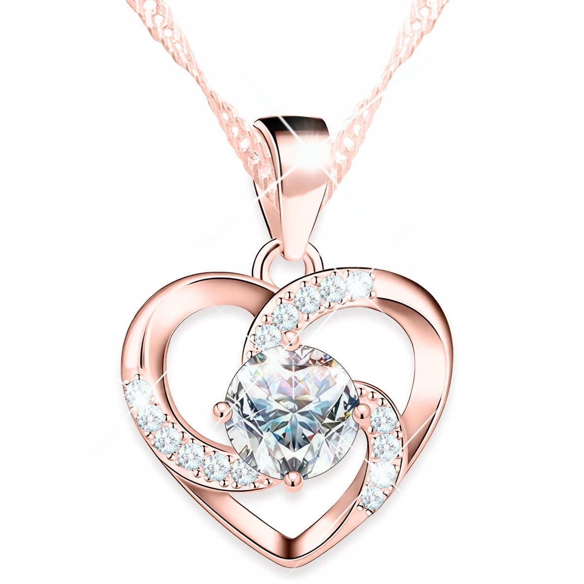 Naszyjnik Pozłacany Białe Serce Spirala Serduszko z Kryształkami SREBRO 925