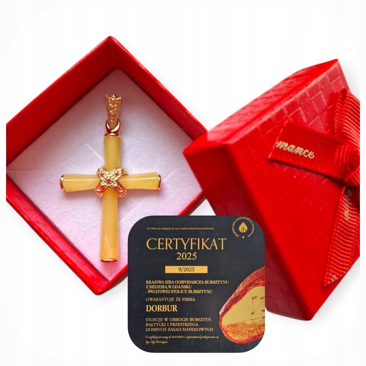 Zawieszka krzyżyk bursztynowy, wisiorek srebrny z mlecznym bursztynem