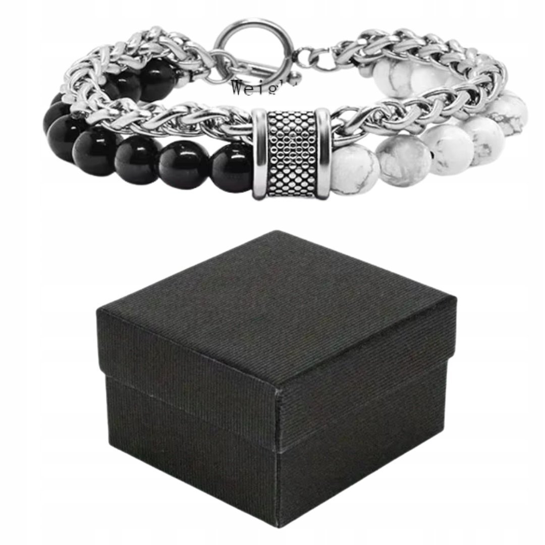 Nowoczesna Bransoletka Męska Czarno-Biała 21cm + Pudełko Upominkowe