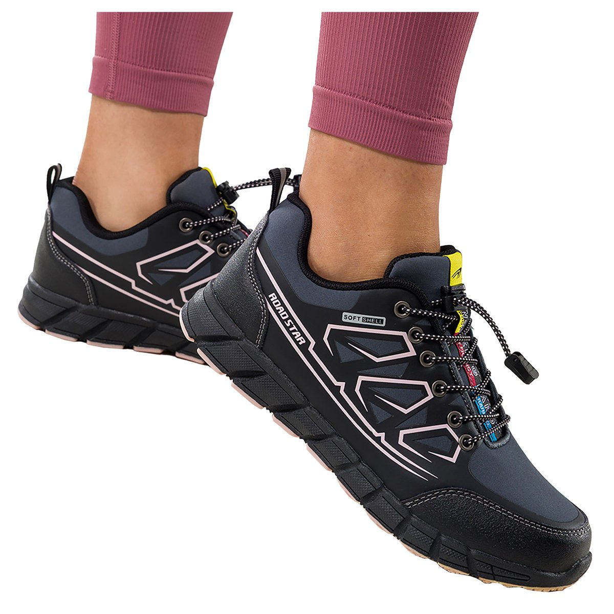 Czarne buty trekkingowe damskie buty sportowe na bieżnikowanej podeszwie z regulowaną elastyczną sznurówką różowe wstawki softshell Casu 2309-9W-41
