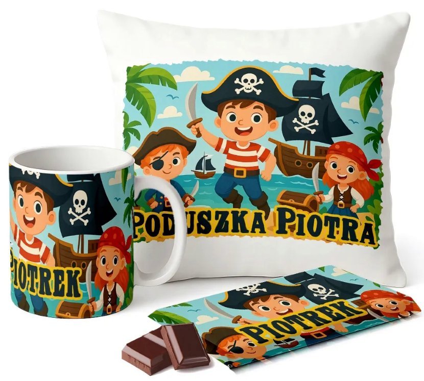 Zestaw Kubek Poduszka Czekolada z Imieniem Piraci Prezent Dla Dziecka