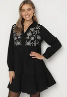 Sukienki - Czarna Rozkloszowana Bawełniana Sukienka z Haftem Railenne - miniaturka - grafika 1