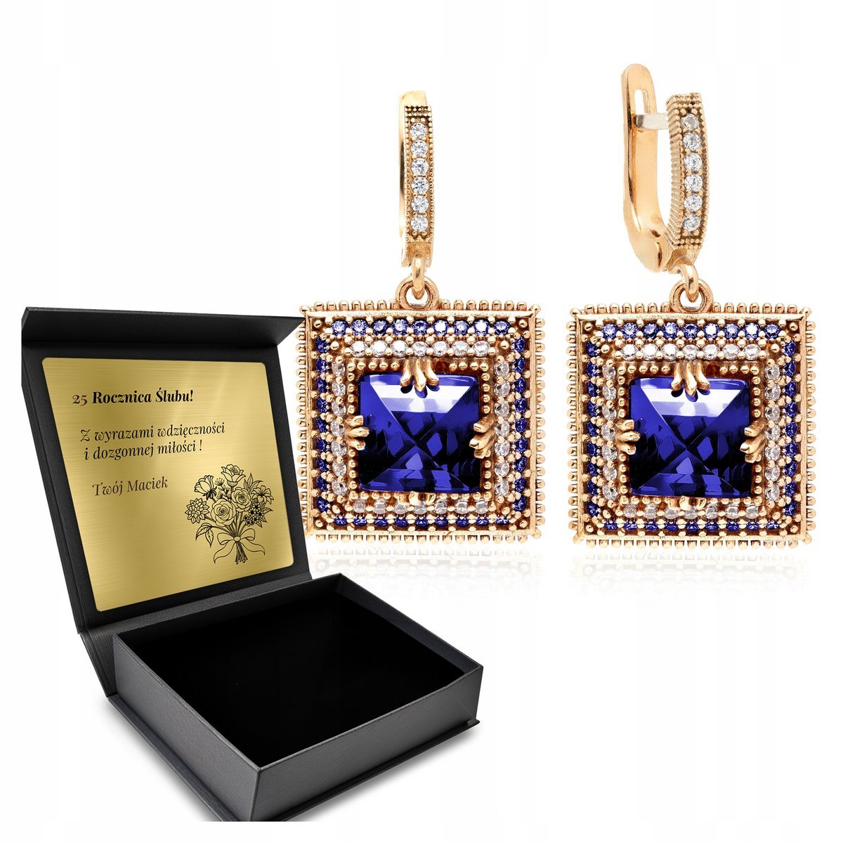 Kolczyki Srebrne 925 Cyrkonie Szafir Biżuteria Dla Kobiety + Grawer