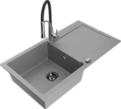 Zlewozmywaki z baterią - Mexen Leo zlewozmywak granitowy 1-komorowy z ociekaczem i baterią kuchenną Aster, szary - 6501-71-73450-07-B - miniaturka - grafika 1