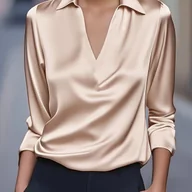Koszule damskie - TEMU Elegancka Błyszcząca Bluzka z Dekoltem w Serek i Długim Rękawem dla Kobiet - Gładki Jednolity Beż/Miedź/Granatowy Niebieski/Czarny/Biały - - miniaturka - grafika 1