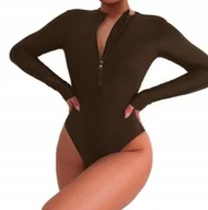 Stroje kąpielowe - Damski jednoczęściowy strój kąpielowy sportowy brązowy długi rękaw zamek L - miniaturka - grafika 1