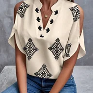 Inne - TEMU Elegancka bluzka z geometrycznym nadrukiem na rękawach dla kobiet - Casual Summer Top z czarnym detalikiem gwiazdy i diamentu, poliestrowy - miniaturka - grafika 1