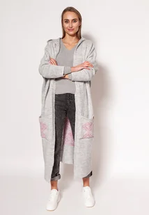 Dzianinowy płaszcz z kapturem - PA020 jasny szary MKM - Płaszcze damskie - miniaturka - grafika 1