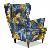 Fotele - Fotel Uszak ZŁOTE LISCIE MONSTERY kobaltowy wzór - miniaturka - grafika 1