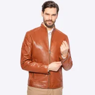 Kurtki męskie - Męska kurtka biker ze skóry naturalnej jasny brąz - miniaturka - grafika 1