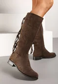 Kozaki damskie - Brązowe Ekozamszowe Kozaki z Cholewką Ozdobioną Frędzlami Realenna - Renee - miniaturka - grafika 1
