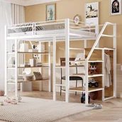 Łóżka dla dzieci i młodzieży - Łóżko piętrowe 140 x 200 cm z biurkiem, półką i szafą - Metal + Drewno + MDF - Białe (Bez materaca) - miniaturka - grafika 1