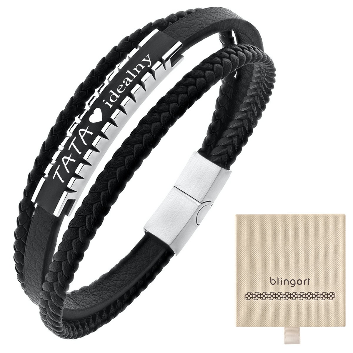 Bransoletka z GRAWEREM męska skóra + stal potrójna