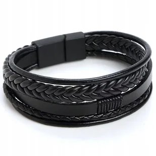 BRANSOLETKA MĘSKA SKÓRZANA CZARNA PLECIONA STAL SZLACHETNA CHIRURGICZNA 316 - Bransolety męskie - miniaturka - grafika 1