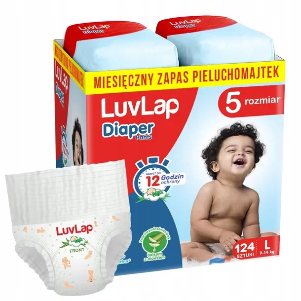 LuvLap Pieluchomajtki Dla Dzieci rozmiar 5, 9-14kg, 124 szt z aloesem